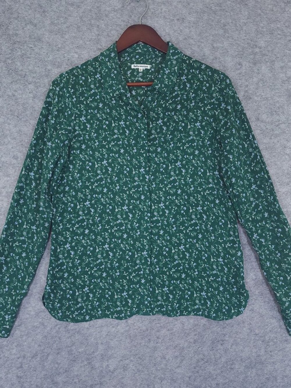 Reformation Green Floral Medium Crepe Blouse Button Down Shirt Cottagecore Boho